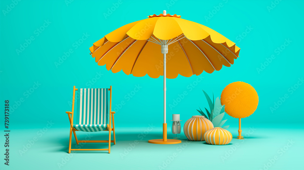 miniature beach chairs and umbrella for shade on blue background. Summer holiday concept.