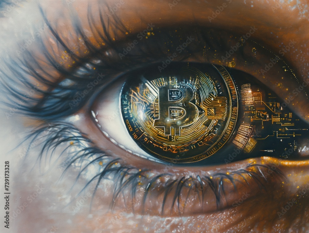 A close-up of a woman's eye that have bitcoin on retina