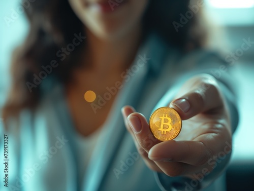 Close-up shot of a business woman holding one golden bitcoin in her hand