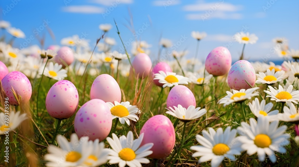 The pink Easter eggs on the greenery field and mountian