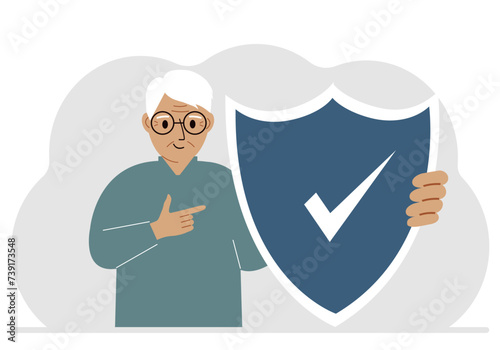 A man holds a shield in his hand, a symbol of insurance. Vector
