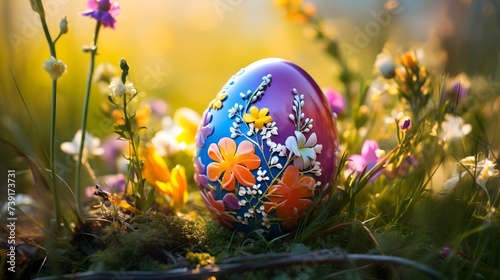 The colorful Easter egg on the greenery field and mountian