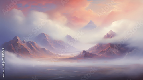 surreal landscape, serene mountain landscape at dawn, with misty valleys and a soft, pastel colored sky