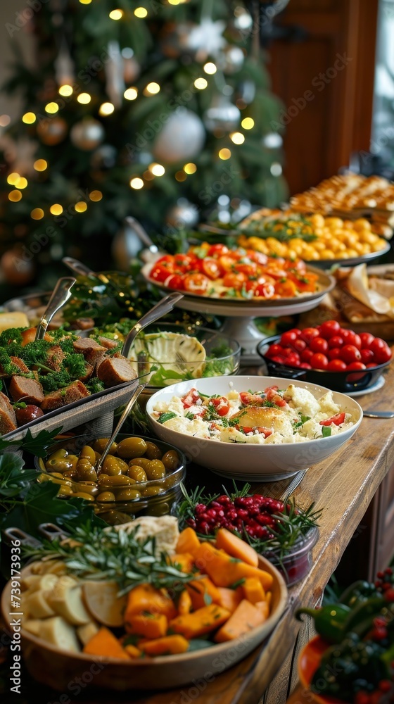 Buffet table at a holiday celebration, festive dishes, and decorations