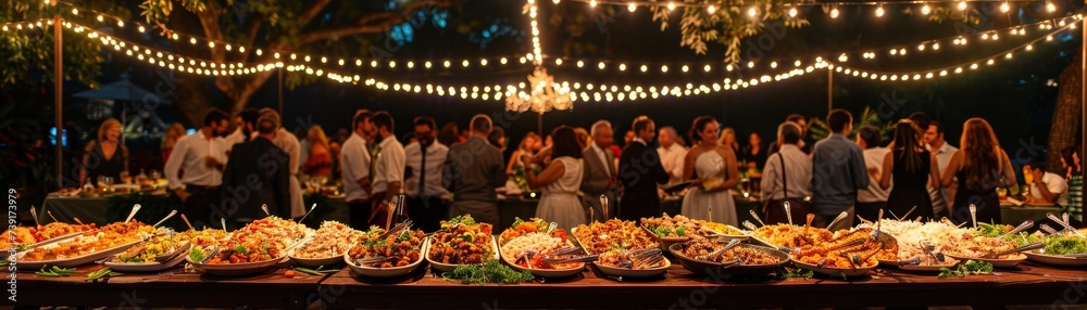 Buffet table feast at an outdoor event, string lights above