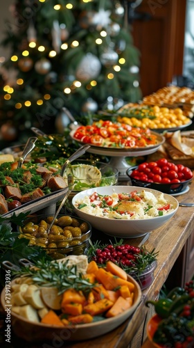 Buffet table at a holiday celebration, festive dishes, and decorations