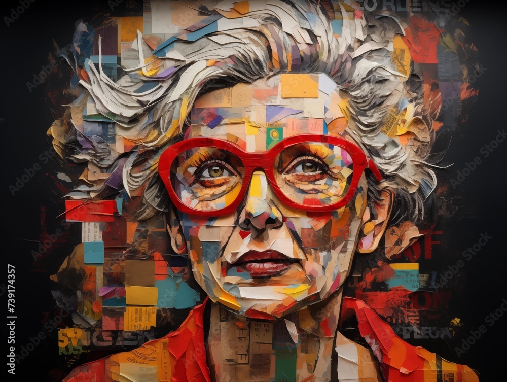 Artistic Portrait of a Woman with Red Glasses in a Collage Style