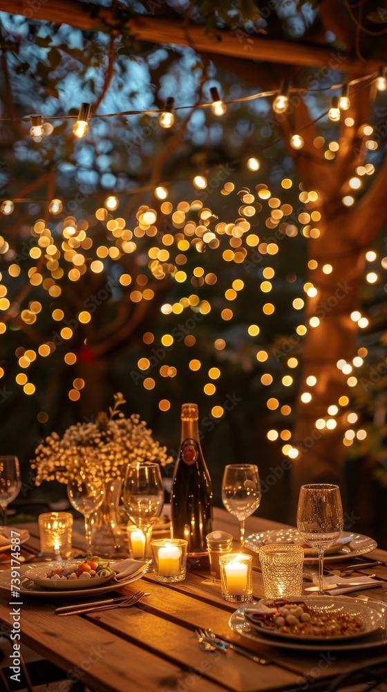 Fairy lights canopy over a cozy engagement dinner setting