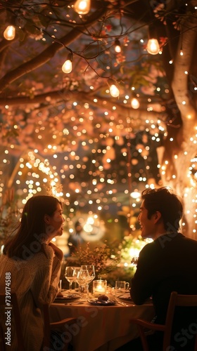 Fairy lights canopy over a cozy engagement dinner setting