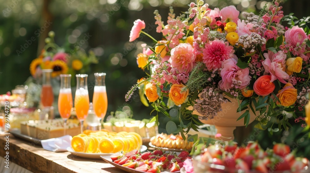Garden party brunch, fresh flowers, and mimosa station