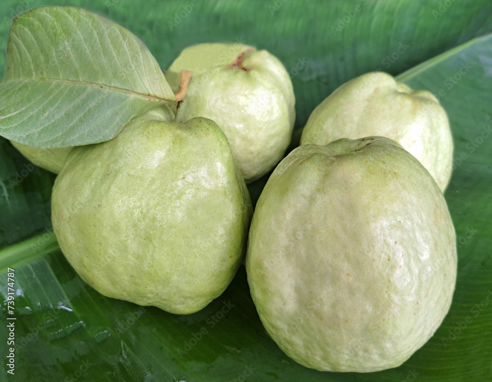 Picture of pile of fruits, fresh guava, banana leaves Picture of pile of fruits, fresh guava, banana leaves