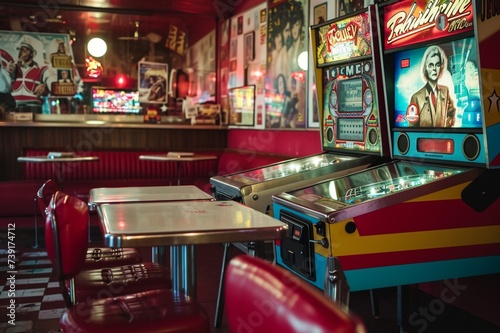 : A pinball machine, a soda fountain, and a poster of a movie star in a retro-style cafe.