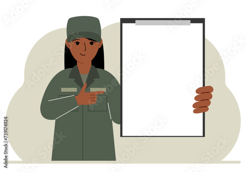 A woman in a military uniform is holding a large clipboard with plenty of space for text. Vector