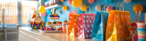 Party favors display at a kids' party, colorful bags with toys and sweets
