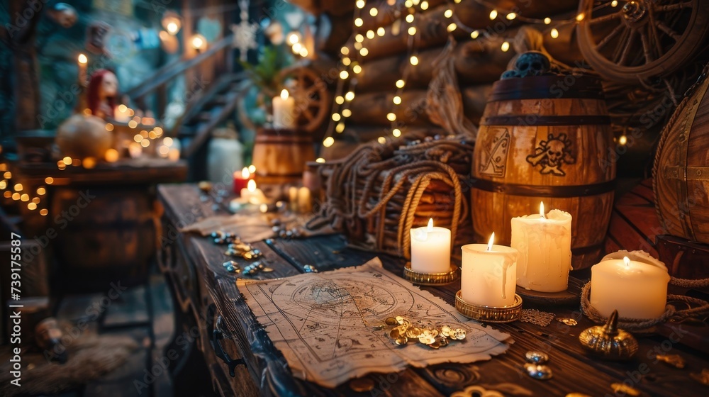 Naklejka premium Themed party adventure, treasure map invitations, and pirate decor