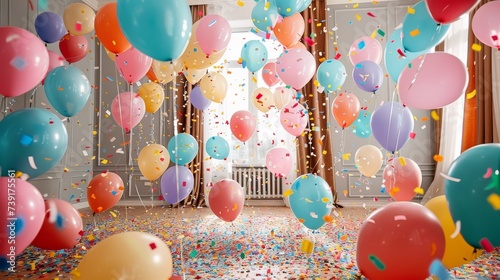 Surprise birthday celebration, room filled with balloons and streamers photo