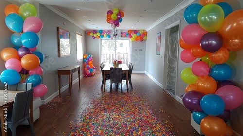 Surprise birthday celebration, room filled with balloons and streamers