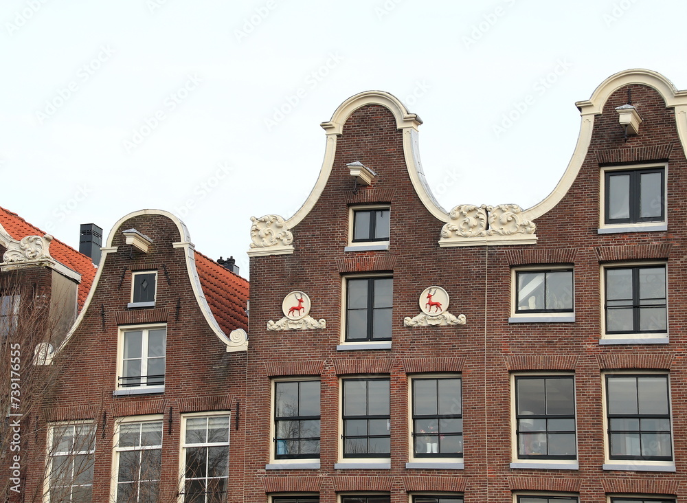 Amsterdam Prinsengracht Canal House Facades with Bell Gables Close Up, Netherlands