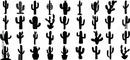 Black cactus silhouettes, diverse shapes and sizes, isolated on white background. Ideal for wallpaper, wrapping paper, textile prints