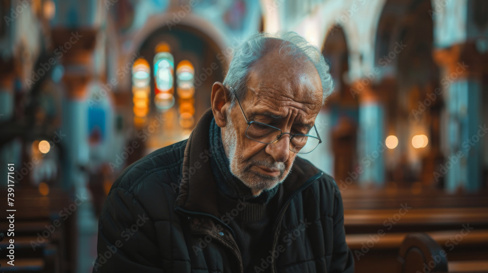 Fototapeta premium Elderly man mourns with heavy heart in church sanctuary