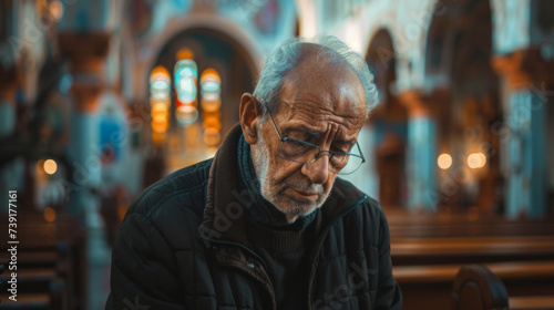 Elderly man mourns with heavy heart in church sanctuary