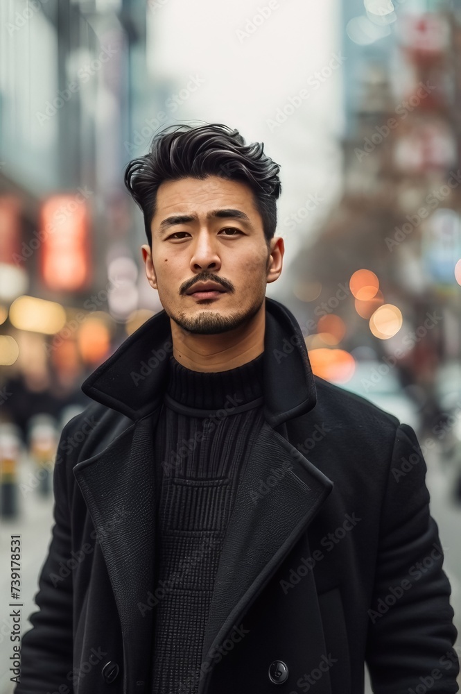 A dashing Asian gentleman strolling along the street, clad in a sleek black jacket.
