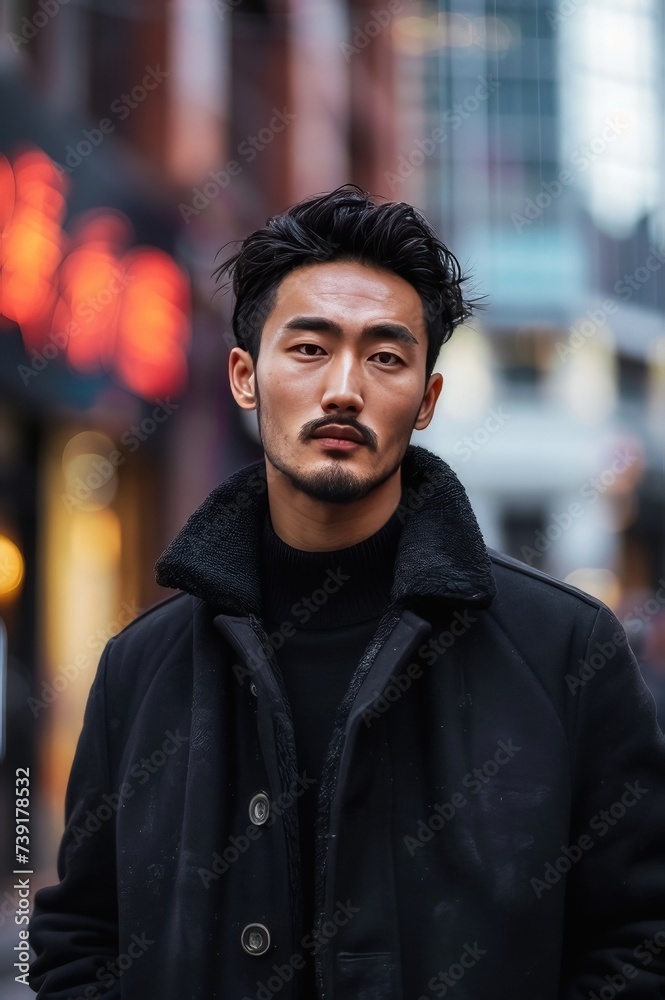 A dashing Asian gentleman strolling along the street, clad in a sleek black jacket.
A dashing Asian gentleman strolling along the street, clad in a sleek black jacket.
