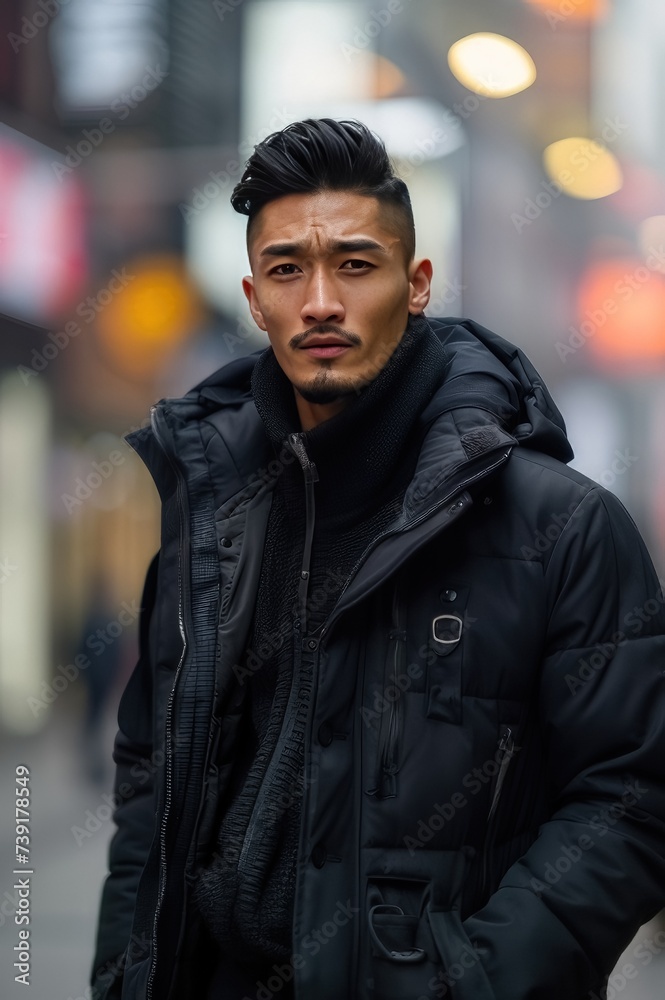 A dashing Asian gentleman strolling along the street, clad in a sleek black jacket.
A dashing Asian gentleman strolling along the street, clad in a sleek black jacket.