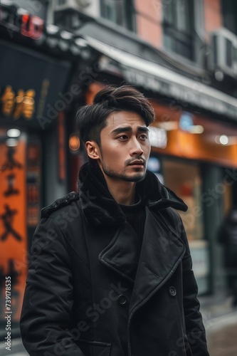 A dashing Asian gentleman strolling along the street, clad in a sleek black jacket.  © Alexander Beker