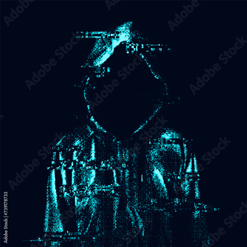 Glitched silhouette, bitmap effect, error signal, technical problem. Hacked system or cyber attack. Vector illustration.