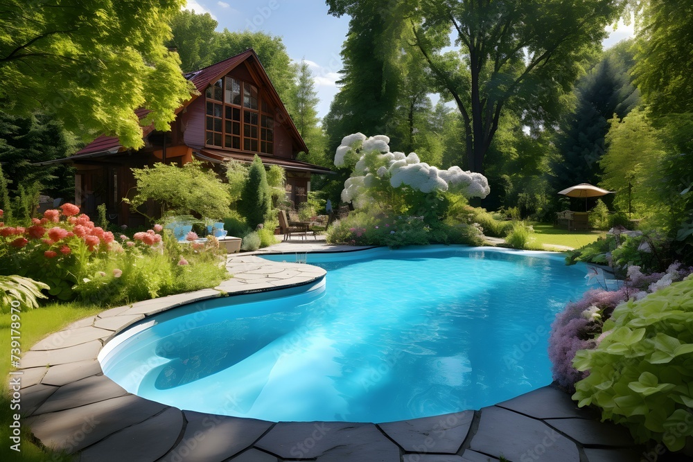 Swimming Pool in Home Garden. Concept Outdoor Design, Relaxing Atmosphere, Water Features, Backyard Retreat, Family Entertainment