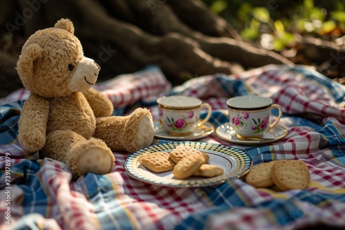 : A teddy bear picnic with plates, cups, and cookies on a checkered blanket. photo