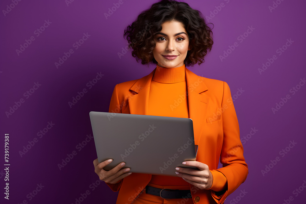 Young girl holds netbook, gazes confidently towards empty space, styled in trendy orange nitwear garment, isolated against vibrant violet backdrop.