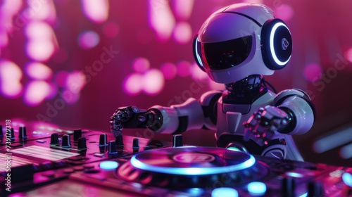 Futuristic robot DJ playing music on turntables