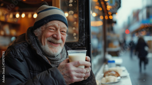 Grinning elderly man enjoys milk break