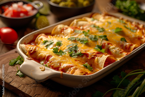 Mexican-style enchiladas with meat and chili red sauce. photo