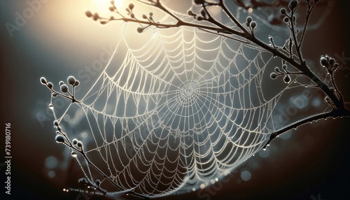 Dew-covered spider web between branches, sparkling in morning light