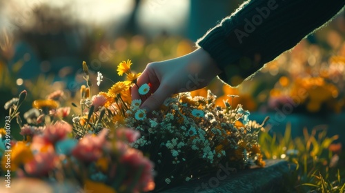 Close-up of a woman's hand picking flowers