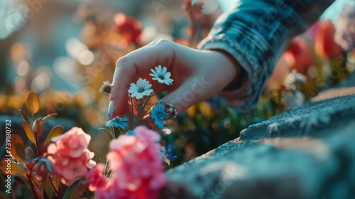 Close-up of a woman's hand picking flowers photo