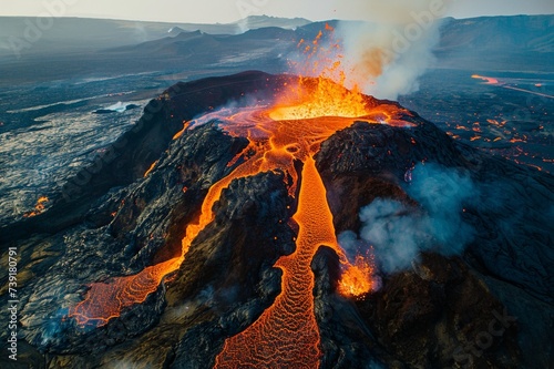 : A volcano with a lava flow, a geothermal plant, and a drone surveying the area.