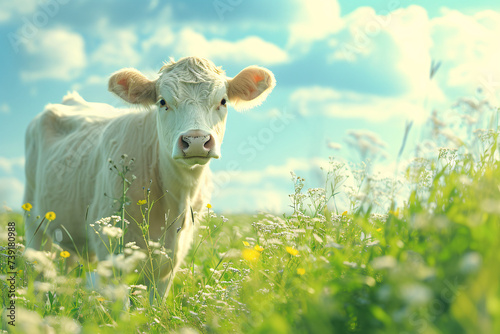 White cow in sunny wildflower field under blue sky