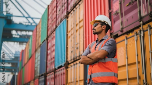 Warehouse worker working in cargo container shipping seaport, import export and logistic concept