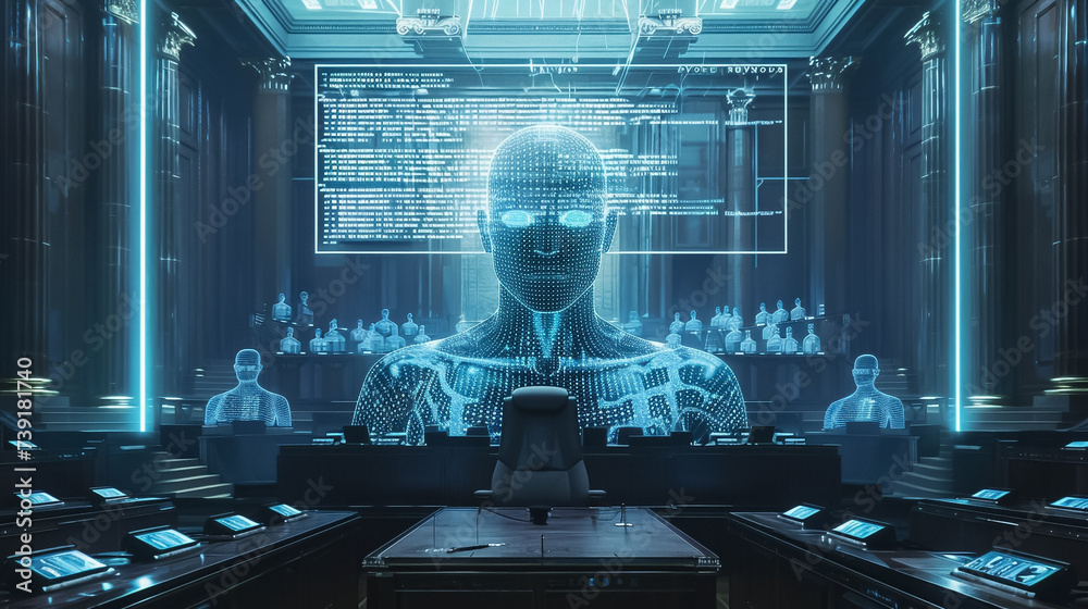 Cyber Justice System a high-tech courtroom where AI judges preside over digital cases - obrazy, fototapety, plakaty 
