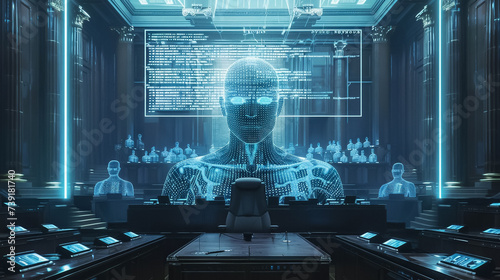 Cyber Justice System a high-tech courtroom where AI judges preside over digital cases photo