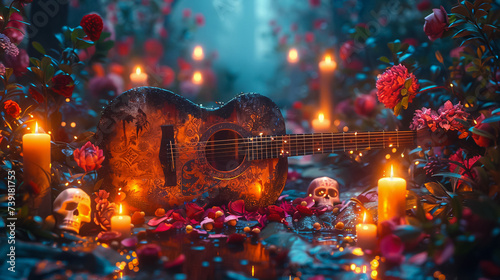 Dia de muertos altar concept  Day of the dead or dia de muertos banner with flowers  skulls  candles  guitar