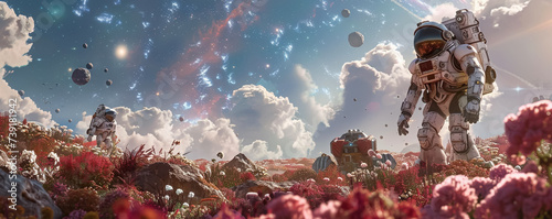 In a distant landscape machines work alongside an astronaut among bizarre flora with a galaxy overhead photo