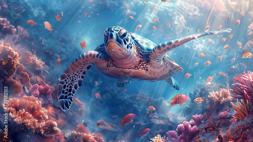 Sea turtle swimming in the under sea Beautiful Underwater and colorfull coral in wild nature of the Pacific Ocean