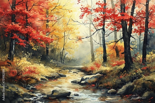 : A watercolor painting of a forest in autumn with red and yellow leaves and a stream.