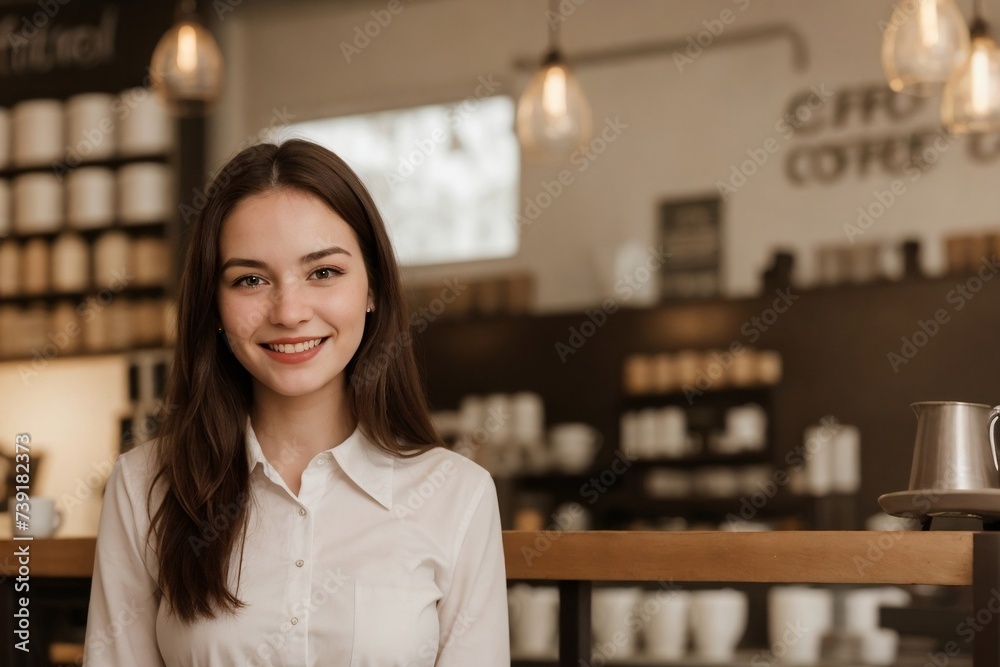 Beautiful female waitress standing in the coffee shop, smiling and looking at the camera, copy space. Happy waitress concept. Beautiful female waitress standing in the coffee shop, smiling and looking at the camera, copy space. Happy waitress concept.