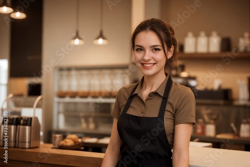 Beautiful female waitress standing in the coffee shop, smiling and looking at the camera, copy space. Happy waitress concept.